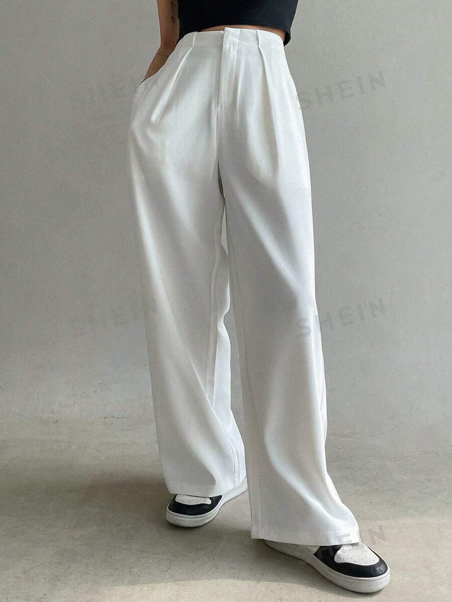 DAZY Pantalones palazzo de bolsillo holgado de unicolor, estilo vintage casual, pantalones anchos para mujer de primavera y verano, pantalones de vestir de negocios para mujer - Blanco - Ver 1