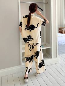 DAZY Cat Print Drop Shoulder Shirt & Trousers Lounge Set - Beige - View 2