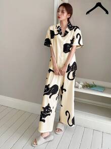 DAZY Cat Print Drop Shoulder Shirt & Trousers Lounge Set - Beige - View 3