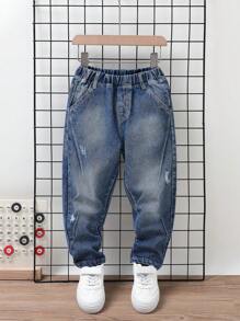 Young Boy Ripped Frayed Elastic Waist Jeans Chic Outfits For Autumn/Winter