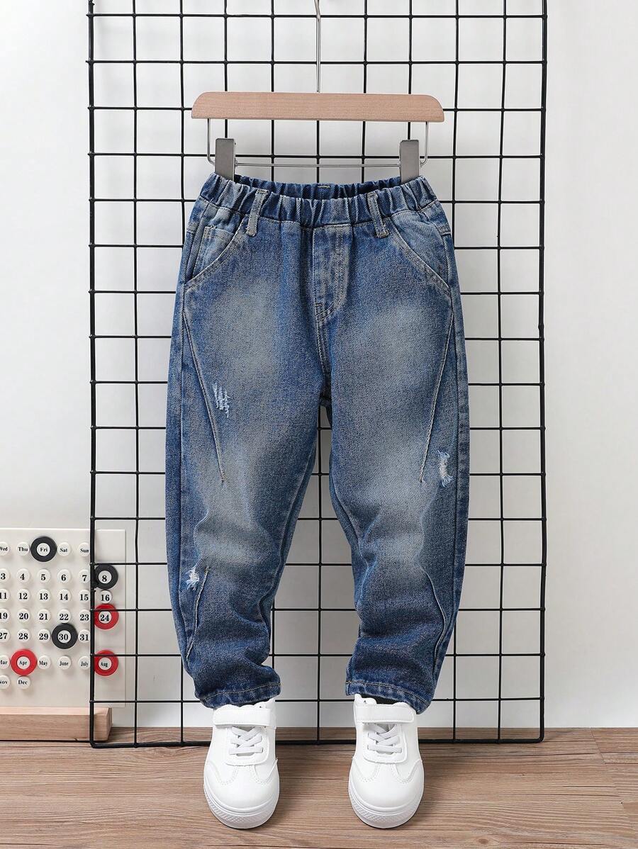Young Boy Ripped Frayed Elastic Waist Jeans Chic Outfits For Autumn/Winter