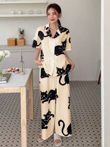 DAZY Cat Print Drop Shoulder Shirt & Trousers Lounge Set - Beige - View 4