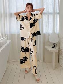 DAZY Cat Print Drop Shoulder Shirt & Trousers Lounge Set - Beige - View 1