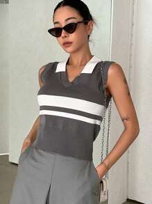 DAZY 條紋圖案撞色針織上衣 - 灰色 - 查看 4