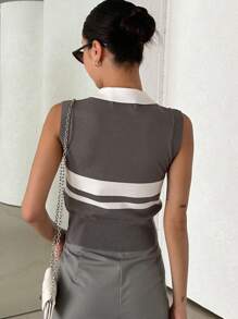 DAZY 條紋圖案撞色針織上衣 - 灰色 - 查看 2