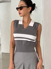 DAZY 條紋圖案撞色針織上衣 - 灰色 - 查看 1