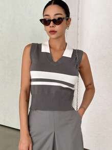 DAZY 條紋圖案撞色針織上衣 - 灰色 - 查看 5