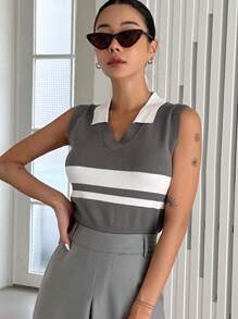 DAZY 條紋圖案撞色針織上衣 - 灰色 - 查看 6