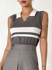 DAZY 條紋圖案撞色針織上衣 - 灰色 - 查看 7