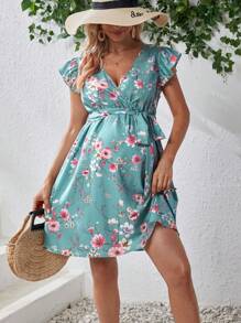 SHEIN Maternity Floral Print Flounce Sleeve Belted Dress