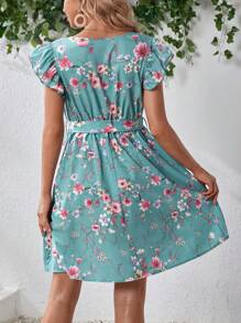 SHEIN Maternity Floral Print Flounce Sleeve Belted Dress