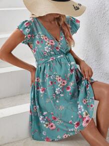 SHEIN Maternity Floral Print Flounce Sleeve Belted Dress