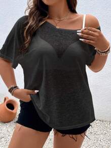 Vionelle Plus Solid Asymmetrical Neck Batwing Sleeve Sheer Top Without Bra - Black - View 3