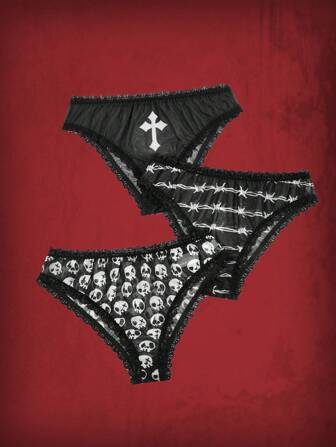 Goth Plus 3pack Skull Print Lace Trim Panty
