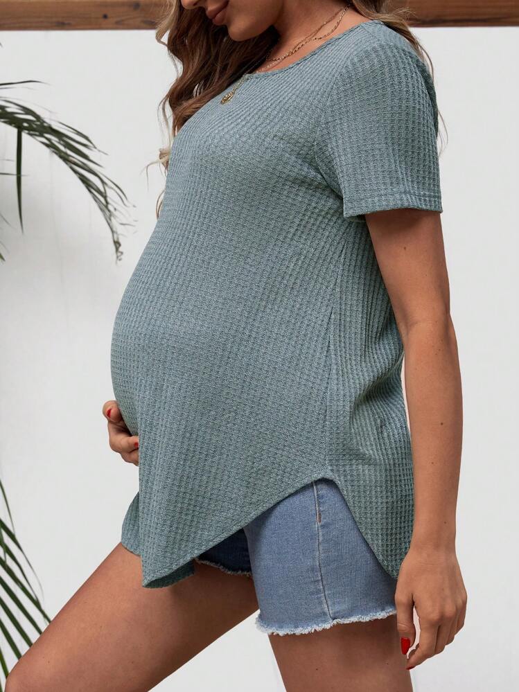 SHEIN Maternity Button Back Curved Hem Tee - Dusty Blue - View 3