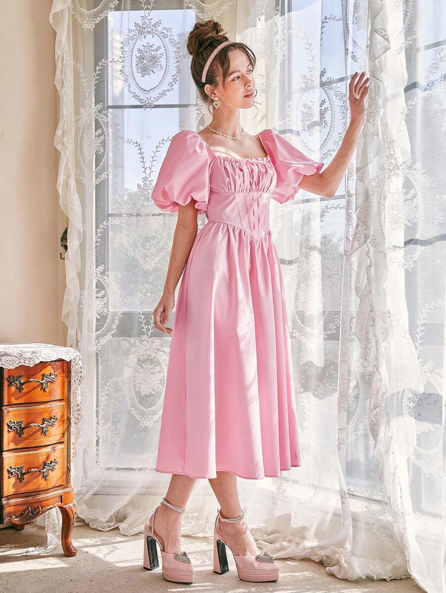SHEIN MOD Ruched Bust Knot Front Shirred Back Puff Sleeve Dress - Baby Pink - View 1