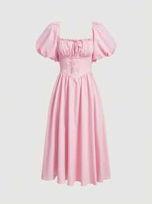 SHEIN MOD Ruched Bust Knot Front Shirred Back Puff Sleeve Dress - Baby Pink - View 2
