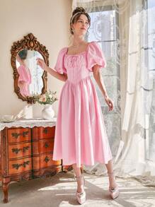 SHEIN MOD Ruched Bust Knot Front Shirred Back Puff Sleeve Dress - Baby Pink - View 3