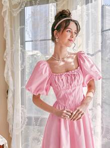 SHEIN MOD Ruched Bust Knot Front Shirred Back Puff Sleeve Dress - Baby Pink - View 4