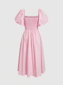 SHEIN MOD Ruched Bust Knot Front Shirred Back Puff Sleeve Dress - Baby Pink - View 8