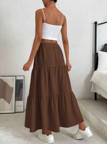 SHEIN EZwear 素色荷葉邊半身裙 - 咖啡棕 - 查看 2
