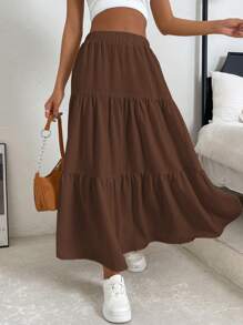 SHEIN EZwear 素色荷葉邊半身裙 - 咖啡棕 - 查看 3