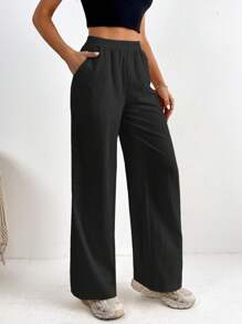 SHEIN Tall 素色斜口袋長褲 - 黑色 - 查看 1