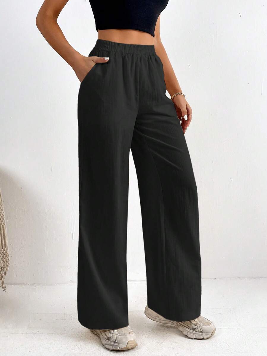 SHEIN Tall 素色斜口袋長褲 - 黑色 - 查看 1