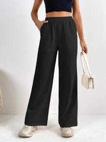SHEIN Tall 素色斜口袋長褲 - 黑色 - 查看 3