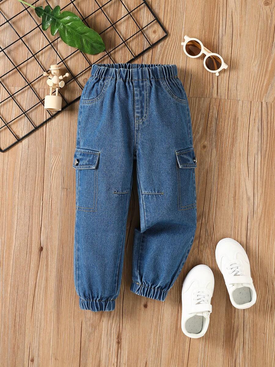 男小童側翻蓋口袋束腳牛仔褲 - 深色水洗藍 - 查看 1
