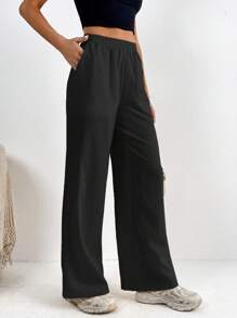 SHEIN Tall 素色斜口袋長褲 - 黑色 - 查看 4