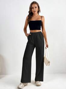 SHEIN Tall 素色斜口袋長褲 - 黑色 - 查看 5
