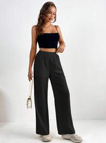 SHEIN Tall 素色斜口袋長褲 - 黑色 - 查看 6