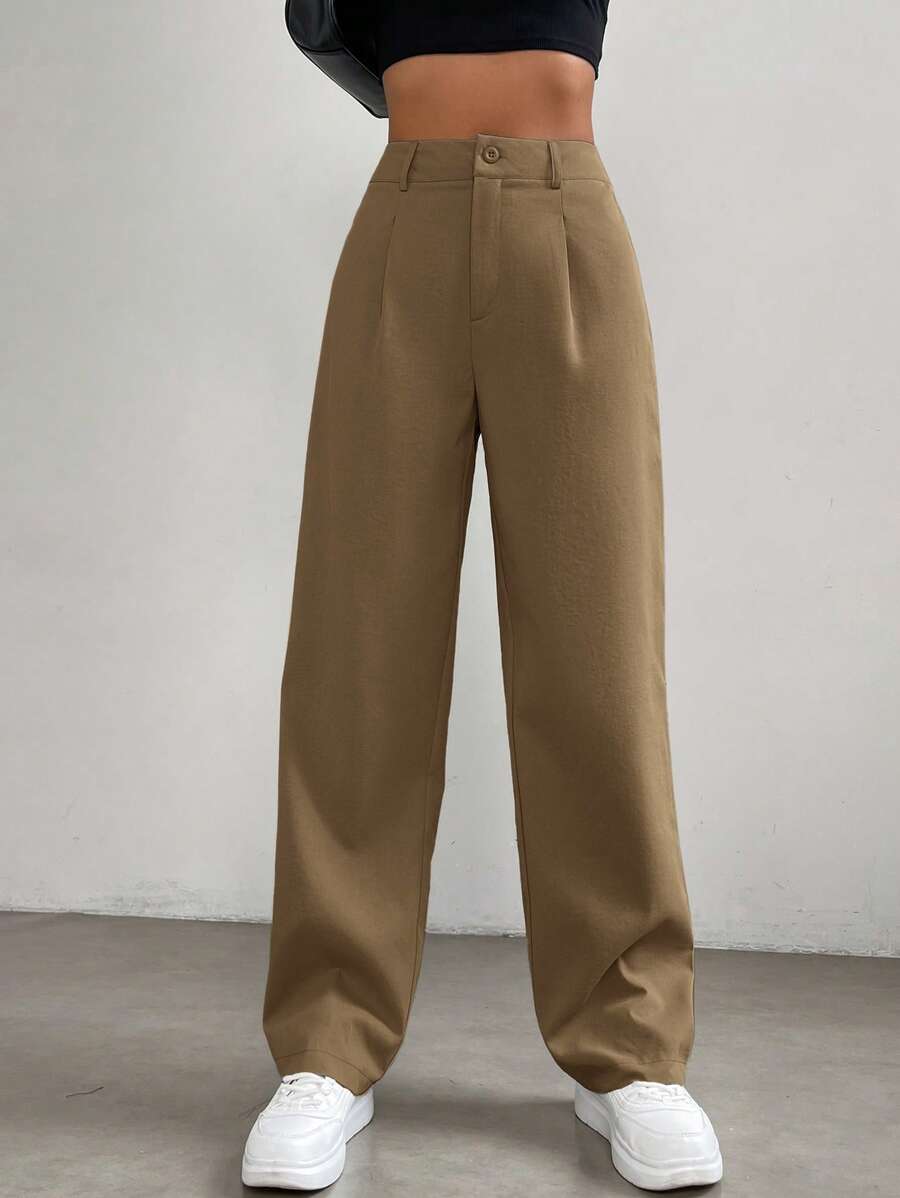 SHEIN EZwear 净色高腰直筒裤 - 棕色 - 查看 1