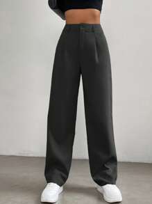 SHEIN EZwear 纯色高腰长黑裤 - 黑色 - 查看 1