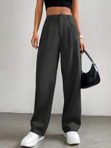 SHEIN EZwear 纯色高腰长黑裤 - 黑色 - 查看 3