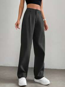 SHEIN EZwear 纯色高腰长黑裤 - 黑色 - 查看 4