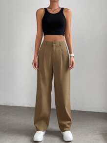 SHEIN EZwear 净色高腰直筒裤 - 棕色 - 查看 5