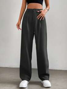 SHEIN EZwear 纯色高腰长黑裤 - 黑色 - 查看 6