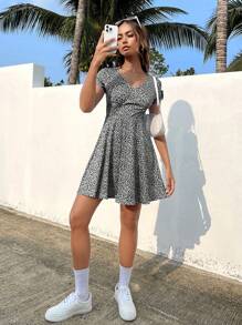 SHEIN Privé Đầm Dây kéo Họa tiết hoa Giải trí - Đen và trắng - Xem 5