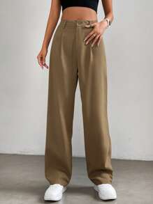 SHEIN EZwear 净色高腰直筒裤 - 棕色 - 查看 6