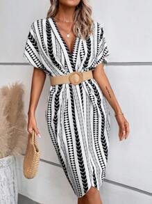 SHEIN LUNE Đầm Chia Hình học Sọc Giải trí - Đen và trắng - Xem 5