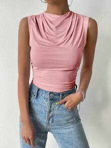 SHEIN Essnce Áo khoác và áo lót dành cho xe tăng nữ Vắt Xù màu trơn Giải trí - Hồng - Xem 4