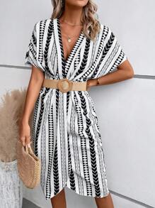 SHEIN LUNE Đầm Chia Hình học Sọc Giải trí - Đen và trắng - Xem 6