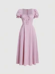 SHEIN MOD 雞心領口泡泡袖前打結洋裝 - 淺粉色 - 查看 1