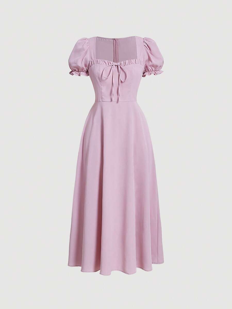 SHEIN MOD 雞心領口泡泡袖前打結洋裝 - 淺粉色 - 查看 1