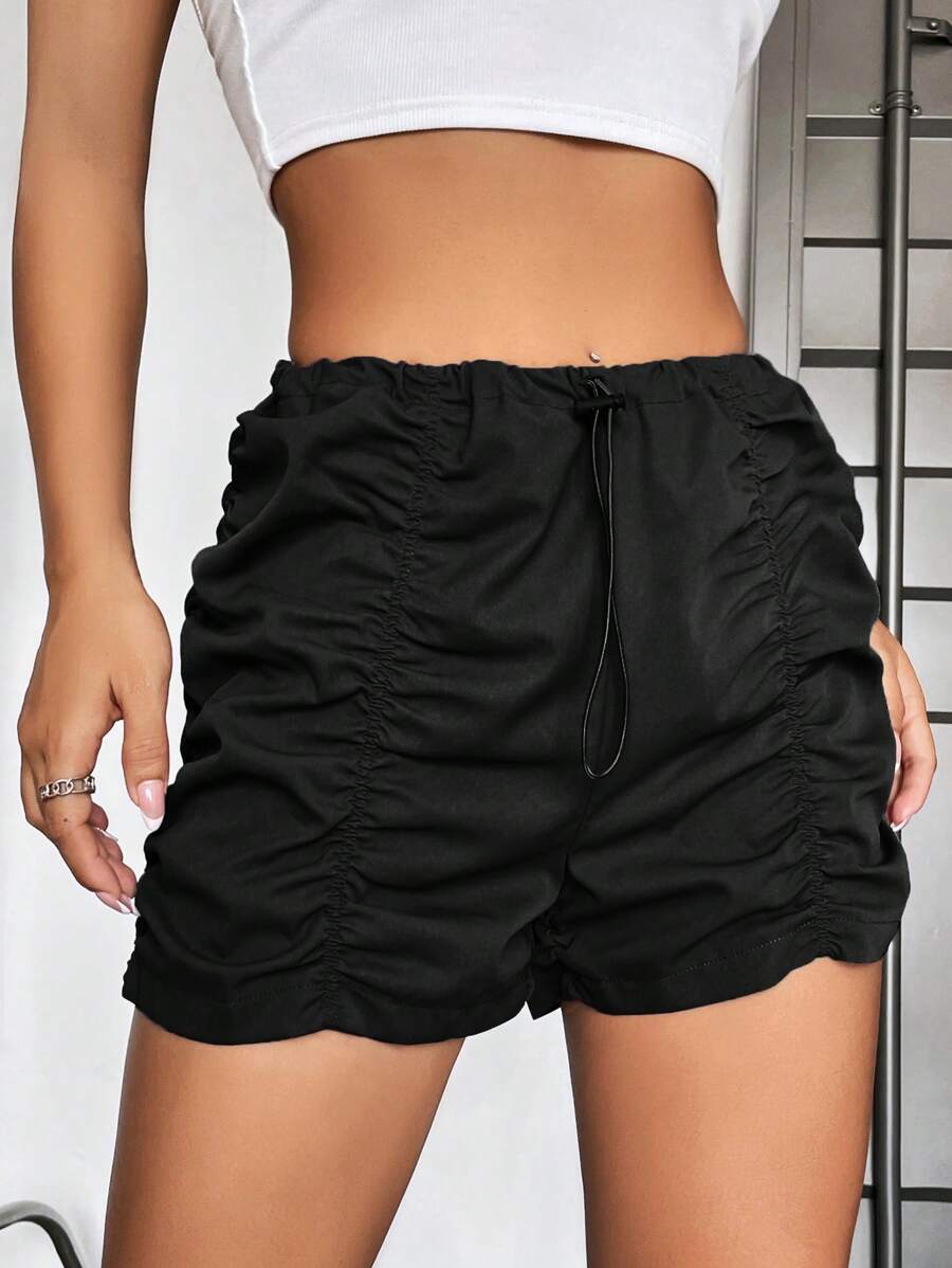 SHEIN EZwear Drawstring Waist Ruched Shorts - Black - View 1