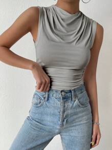 SHEIN Essnce St Patrick Solid Ruched Tank Top - Grey - View 3