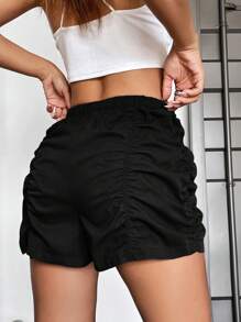 SHEIN EZwear Drawstring Waist Ruched Shorts - Black - View 2
