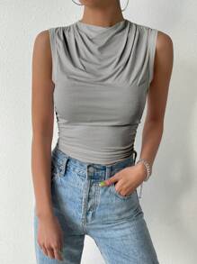 SHEIN Essnce St Patrick Solid Ruched Tank Top - Grey - View 4